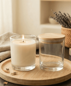 צנצנת נרות עם מכסה עץ